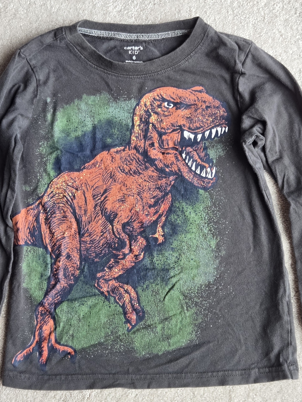 Carter's Black Long-Sleeve Tee with Orange Dinosaur Graphic